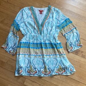 Sundance Blue & Teal Geometric-Trim Silk Tunic